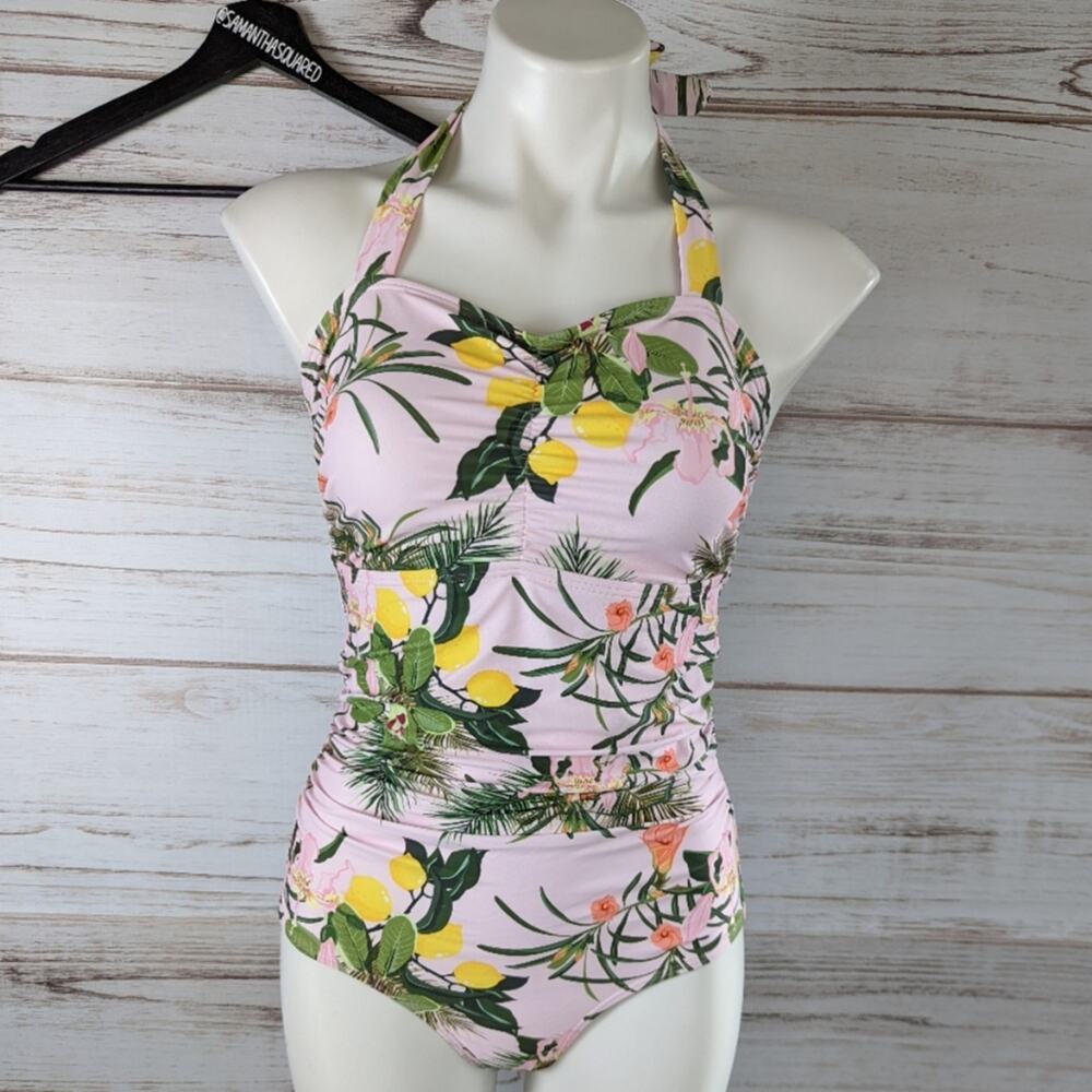 Patpat Tropical Lemon Print Pink Retro Look Halter One-piece Bathingsuit Small